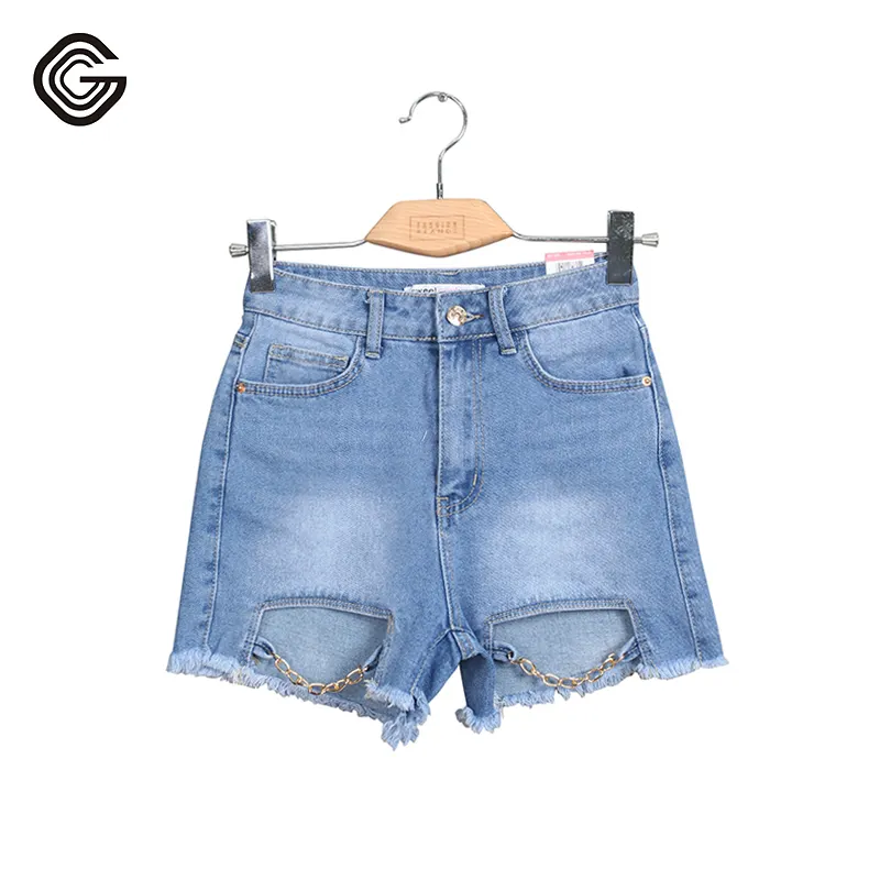 Zipper Fly Jeans High Waisted Denim Women Shorts Jean With Chain