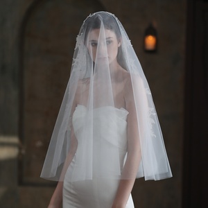 Voile de mariée en dentelle de tulle uni blanc à deux couches accessoires de mariage pour femmes vente en gros - Product Image 5