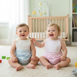 Witte romper met oogjes en strikjes op de rug voor babymeisjes, gebreide gestreepte bubbelromper voor jongens, bijpassende babykleding voor broers en zussen, pasgeboren babykleding - Product Image 2