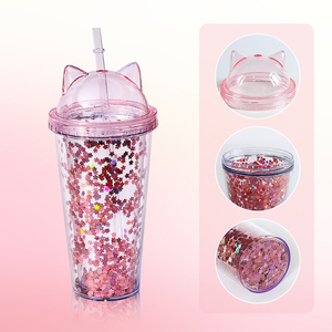 Tumori per orecchie di gatto a doppia parete tazza di plastica con coperchio fai da te Glitter 10oz 16oz 24oz bottiglia per bevande a doppia parete in acrilico per bambini - Product Image 5