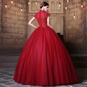 Claret Ball Gown Evening Dress High Neck Empire Waist Embroidery Long Puffy Skirt Women Formal Wear - Product Image 2