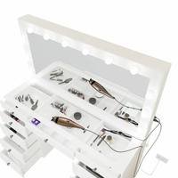 Coiffeuse contemporaine ajustable avec miroir éclairé Plateau en verre blanc et panneau en bois pour le maquillage de la chambre à coucher