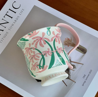 Mug à café vintage à long manche motif Phalaenopsis, tasse à latte en céramique style mid-century