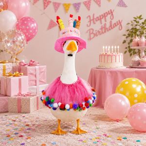 Conjunto de disfraz de cumpleaños de ganso rosa con sombrero de pastel, velas y falda tutú de pompones coloridos para jardín/césped - Product Image 2