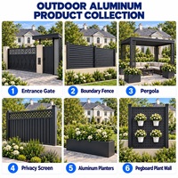 Solution tout-en-un en aluminium pour jardin de style farmhouse : Clôture à persiennes, Portail, Pergola, Brise-vue, Jardinières et Mur végétal en panneaux perforés