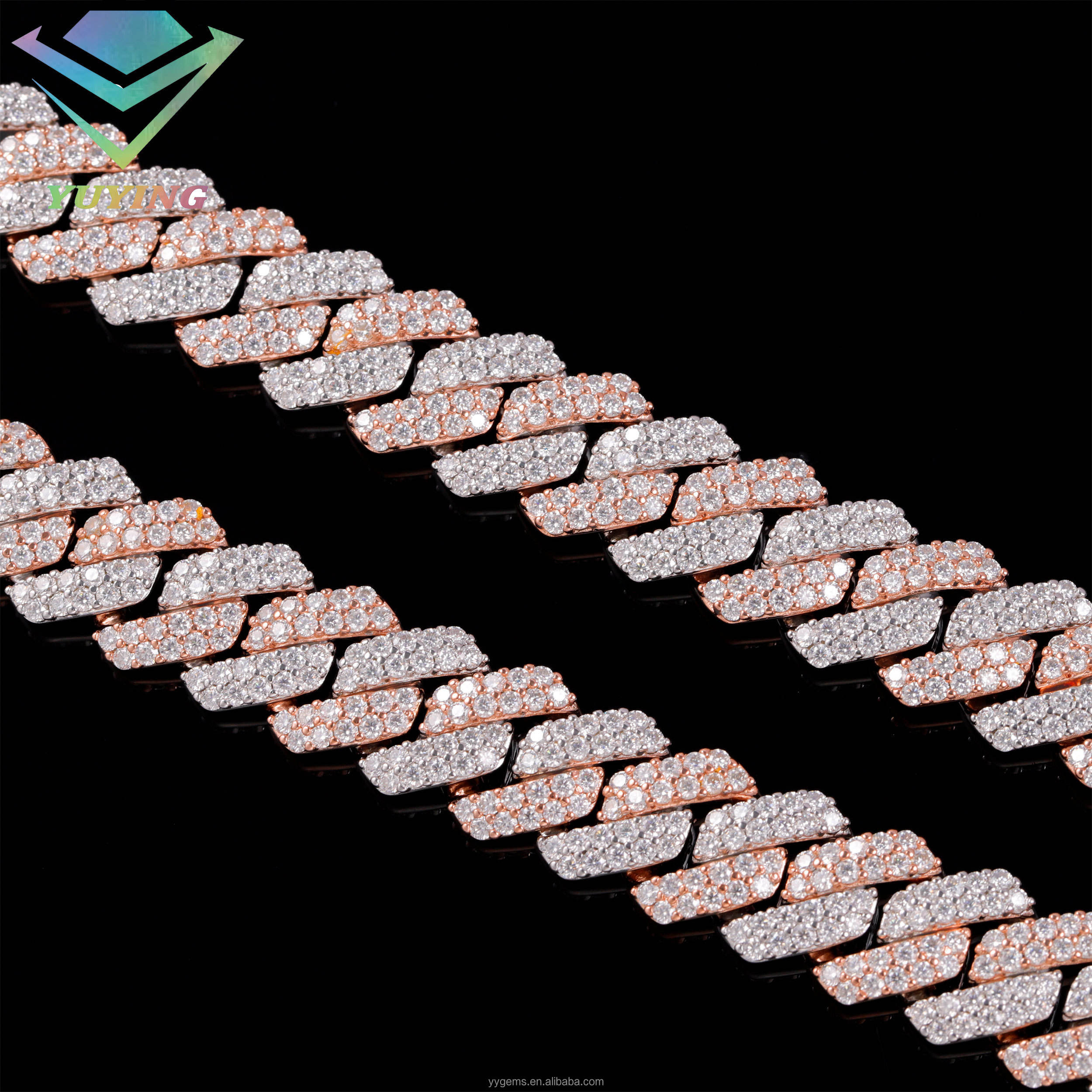 2 tones plated-14 mm 2 rows moissanite silver chain