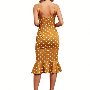 Vestido casual de fiesta y noche para mujer, con estampado de lunares, tirantes finos, cuello en V, fruncido, cintura alta, ajustado, largo hasta la rodilla, estilo sirena, tejido, ODM - Product Image 3