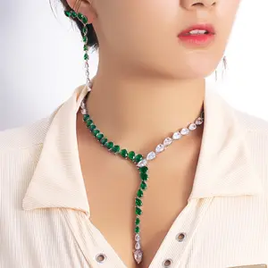 Luxus grün weiß Farbe Zirkon Wasser tropfen Anhänger lange Ohrringe Y-Form Halskette Frauen Party Tennis Halskette Kette Schmuck Set