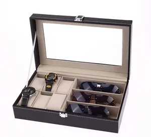 6 חבילת קומבו Suppliers-עור מפוצל יפה אריזה אופנה אחסון תצוגה סיטונאי קומבו 3 משקפי שמש 6 שעון תיבה מחזיק