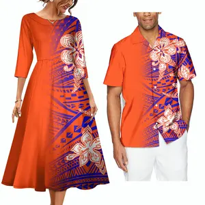 Benutzer definierte Plus Size Vintage Damen Polynesian Tribal Kurzarm Shirt und Samoa Design Kleider passend Paar Set