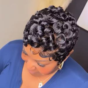 Peluca de Cabello Humano Remy Corto Estilo Pixie, Color Negro, Ondulado a Máquina, Estilo Chioma, Longitud Reservada, Peluca Adecuada - Product Image 4