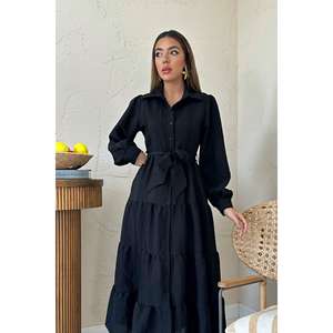 Vestido Negro con Cinturón, Corte en A, Cuello Redondo, Tejido, Uso Diario Informal, Cintura Natural, Lavable - Product Image 3