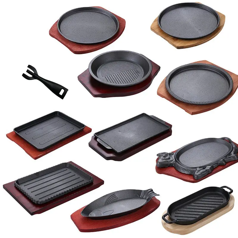 OEM ODM Cast Iron Cookware frying pan skillet Cooking steak plate cast iron grill pan sizzling hot plate with wooden base