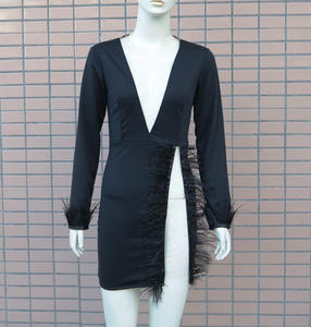 Usura del partito Delle Donne di Alta Split <span class=keywords><strong>Bianco</strong></span> <span class=keywords><strong>Vestito</strong></span> Nero A Maniche Lunghe Maglia <span class=keywords><strong>Vestito</strong></span> di <span class=keywords><strong>Piume</strong></span> - Product Image 5