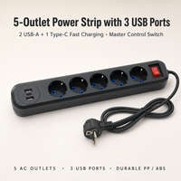 Multiprise européenne 5 voies avec ports USB Type C et Type A, certifiée CE Schuko
