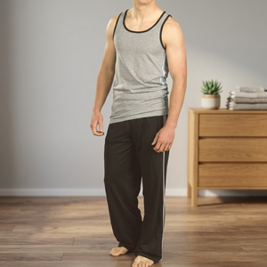 <b>Men's</b> Casual Style 100% Cotton Striped Breathable Knitted <b>Short</b> Sleeve Vest Top & Long Pant <b>Pyjamas</b> - Product Image 2