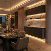 Buffet personnalisé de luxe | Colonne en chêne chaud + armoire en bronze foncé | Revêtement mural en marbre veiné d'or | Éclairage LED | OEM B2B