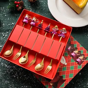 Cuillère de Noël dorée coffret cadeau ensemble de couverts cuillère à café à dessert 4 pièces et 6 pièces ensemble de cuillères et fourchettes de Noël