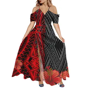 여름 섹시한 여성 짧은 소매 이브닝 드레스 폴리네시아 사모아 부족 인쇄 오픈 다리 어깨 비치 롱 드레스
