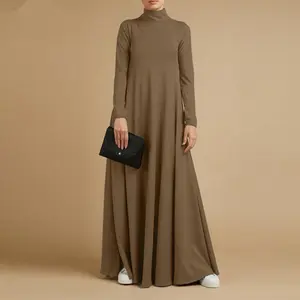 Muslim Autumn High Neck Long Sleeve Dress Islamic Fashion Women's Long Dress Loose Elegant Solid Color Casual Bottom Dresses