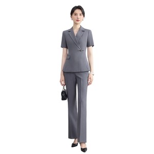 Women's Short Sleeve Suit Set Formal Wear Professional Office Workwear Anti-Wrinkle Polyester Blend Gray Navy - Product Image 5