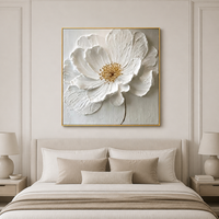 Peinture à l'huile florale blanche texturée moderne, art minimaliste neutre sur toile, art mural floral 3D en impasto, cadre élégant, décoration intérieure