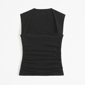 Chaleco de manga corta con cuello cuadrado en blanco y logotipo personalizado fabricante de algodón elástico camisetas sin mangas para mujer - Product Image 2