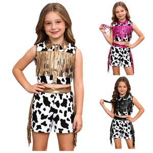 <b>Girls</b> <b>Cow</b> Costume Fringe Vest High Waisted Shorts <b>Cow</b> Print Metallic Two Piece Set Country Dance <b>Outfit</b> Kids Performance Custom - Product Image 1