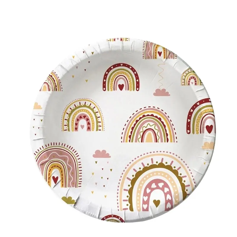 Ensemble de vaisselle jetable arc-en-ciel vibrant avec assiettes et serviettes en papier pour les mariages de style Boho