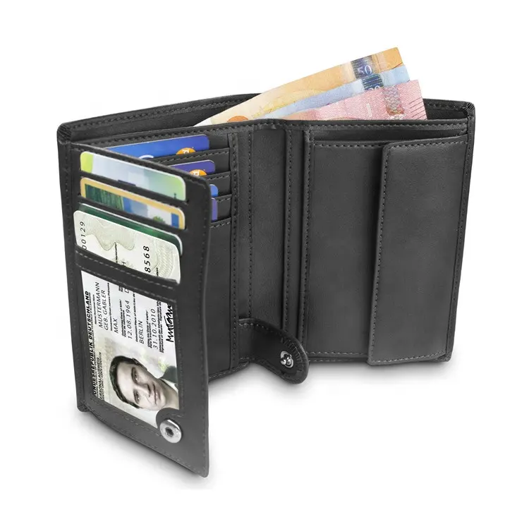 Full grain genuine smooth leather wallet rfid blocking coin pocket money clip men's wallet