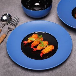 Service de vaisselle rond en céramique bleu et noir, ensemble moderne d'assiettes et de bols en porcelaine pour restaurant et usage domestique quotidien - Product Image 1