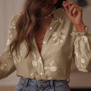 Camicetta Vintage da Donna con Ricami Floreali e Bottoni, Maniche Lunghe, Stile Casual Elegante con <span class=keywords><strong>Volant</strong></span> per Primavera - Product Image 5