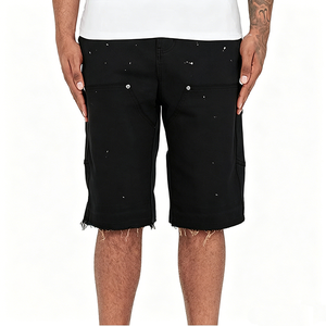Pantaloncini da carpentiere personalizzabili con borchie con <span class=keywords><strong>bottone</strong></span> con orlo grezzo con bordo in difficoltà <span class=keywords><strong>pantaloni</strong></span> in Denim lavorato a maglia a <span class=keywords><strong>doppio</strong></span> ginocchio - Product Image 1