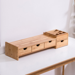 Bamboo Computer Monitor Stand With Drawers For <b>Desk</b> Organization Office Organizer Rectangle Standing Type 2nd Floor Removable - Product Image 3
