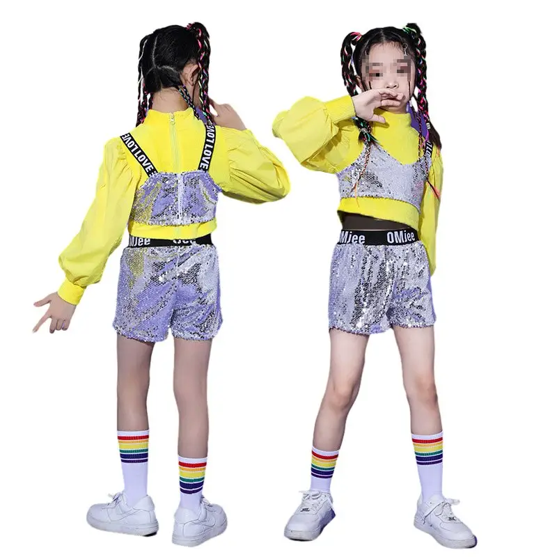 Set di costumi Unisex per bambini Street Dance Jazz con paillettes Performance da ragazza alla moda per spettacoli di danza di strada e Jazz