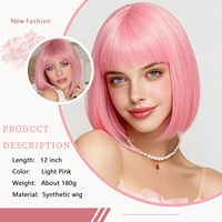 Perruque Bob Rose avec Frange pour Femme, 10 Pouces, Synthétique, Lisse Moderne, pour Cosplay, Remplacement Capillaire Naturel, Utilisation Quotidienne et Fêtes