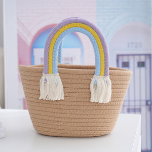 Bolso tote tejido con hilo de algodón arcoíris, bolso de playa versátil de paja con diseño de nube, cesta de cuerda de algodón, bolso de viaje para recuerdos - Product Image 2