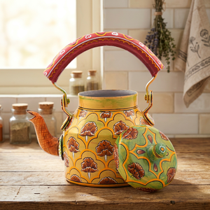 Tea Kettle With <b>Lid</b> Hand Painted Floral Design Yellow Green Red Handle Water <b>Pot</b> - Product Image 5