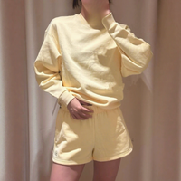 Spot Spring Summer New Casual Solid Cotton Terry 2 Piece Crewneck Long Sleeve Sweat Drawstring Shorts Set Women