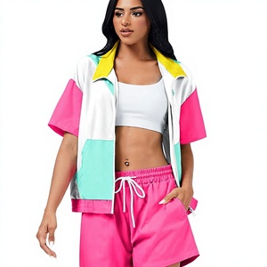 Women Color Block <b>Tracksuit</b> Set 2 Piece Short Sleeve Zip Up Jacket Pink Shorts Sporty <b>Y2K</b> Style Spring Summer Wear - Product Image 1