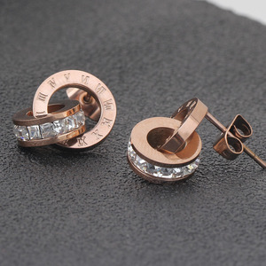 Rose Gold Stainless Steel <b>Stud</b> <b>Earrings</b> With Roman Numerals And Diamond Channel Setting 12mm Round Double Layer Design - Product Image 5