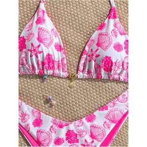 FOXA Women's 2 Piece <b>Bikini</b> Set Seashell Print Halter <b>String</b> Triangle Thong Swimwear Beach Outfit Stretch Spandex Polyester - Product Image 4
