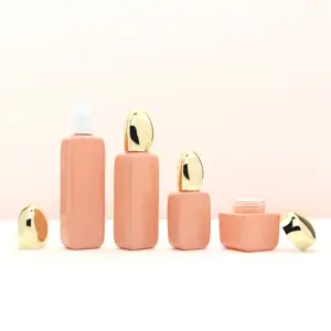 Unique Shaped Custom Pink 50g Glass Jar 40 100 120 Ml Empty Body Lotion Bottles With Pump For Cosmetic Packaging