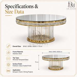 Table de banquet de mariage ronde sur mesure en acier inoxydable doré avec base à franges de cristal et plateau en verre trempé miroir - Product Image 5