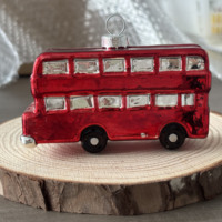 Dekorasi Pesta Rumah Natal Bus Bertingkat Dua Ornamen Kaca Figurine Merah dengan Jendela Perak Hiasan Gantung Pohon Natal