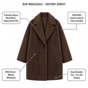 OEM ODM <strong>Women</strong> Chocolate Brown Alpaca Wool Oversized Drop-Shoulder Double-Sided Short Coat Long Sleeve Wholesale - Product Image 4
