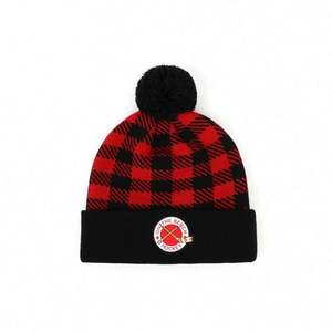Hot Selling Winter Protection Warm Knitted Hat, 100% Acrylic Kids Pompom Beanie, Woven <b>Patch</b> Black and Red Plaid Beanie Hat - Product Image 2
