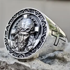 Wholesale Vintage Carved Jesus Christ Face Ring Antique Silver Retro Religious Corss Jesus Ring Mens Christian Rings