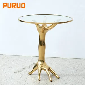 PURUO Möbel hand geformte Ecke Design Glas runde Gold Metall Beistell tische