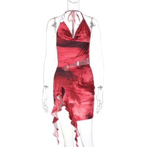 Vivibloook C424DS02 verano drapeado Sexy trajes Tie Dye estampado vestido para mujeres asimétrico Mini Bodycon ceñido al cuerpo vestidos fruncidos - Product Image 5